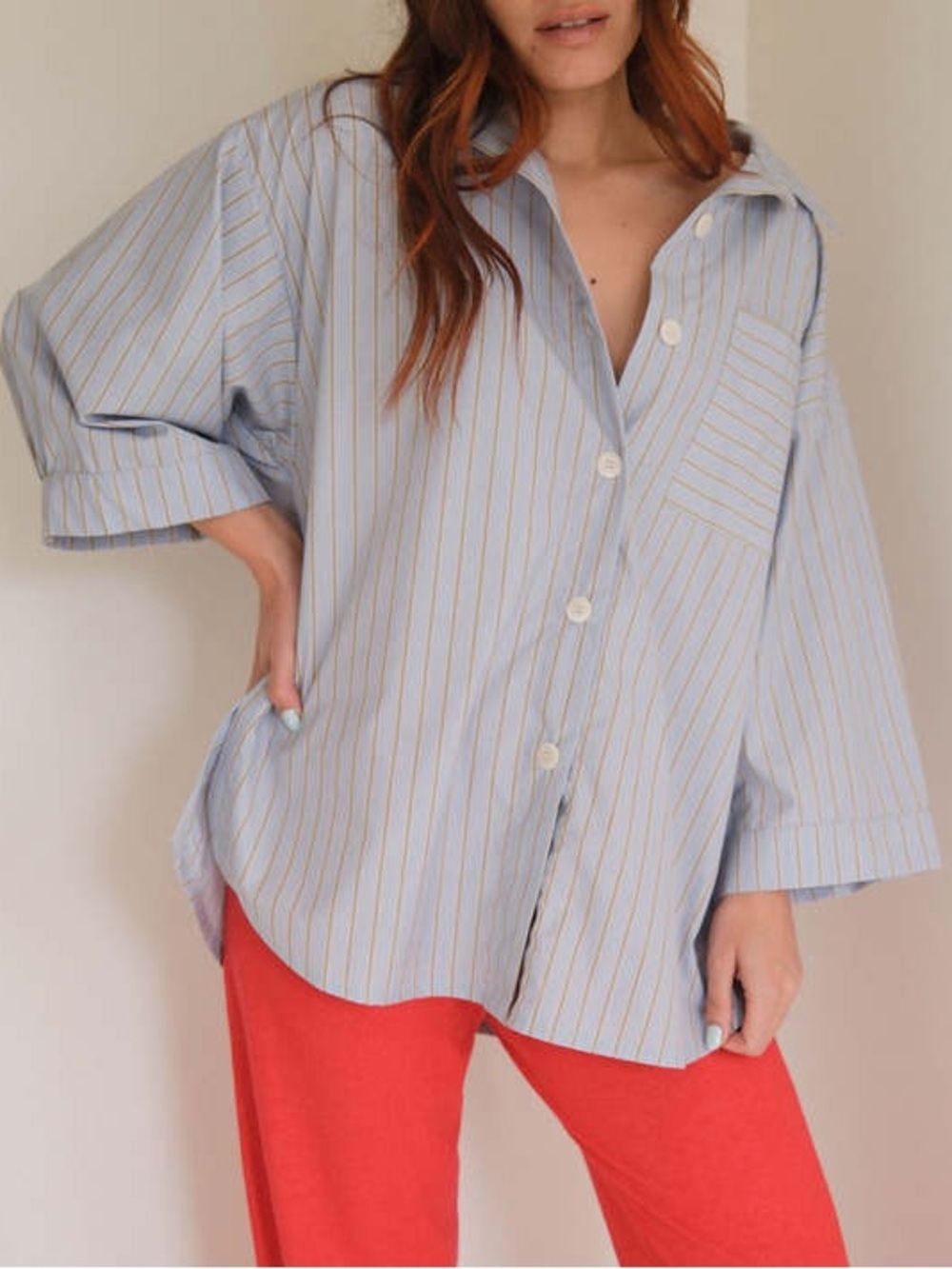 Haven Blouse oversized 100% cotton buttondown shirt blouse XXL/1X blue stripe